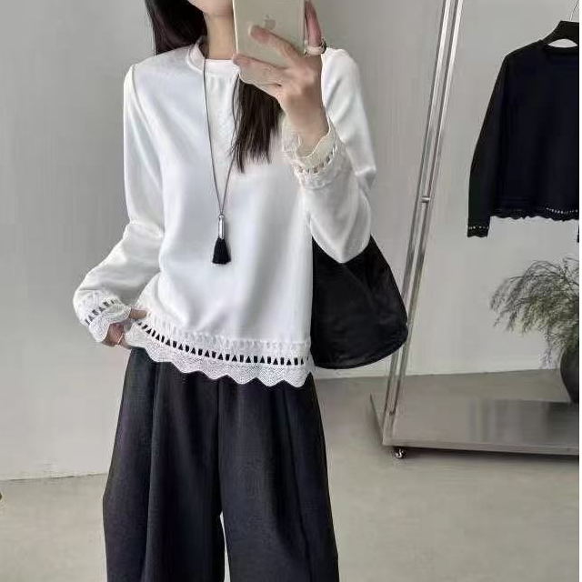 （柚子同款）MZ冬季简约蕾丝花边圆领加绒长袖T恤25176