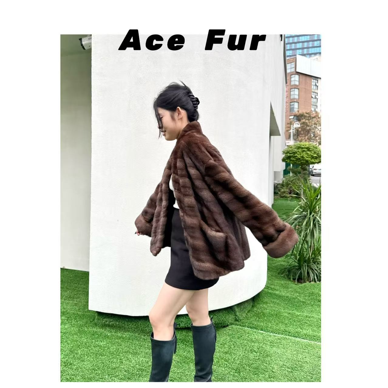 貂艺 ACE FUR  |  【摩登之旅】 进口抽刀原色咖啡中长款V领皮草