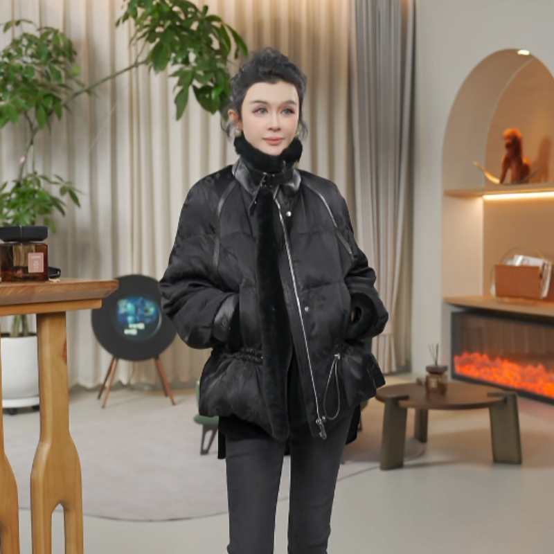 拼接皮毛一体暗纹提花小众立领保暖鹅绒服 TW25172