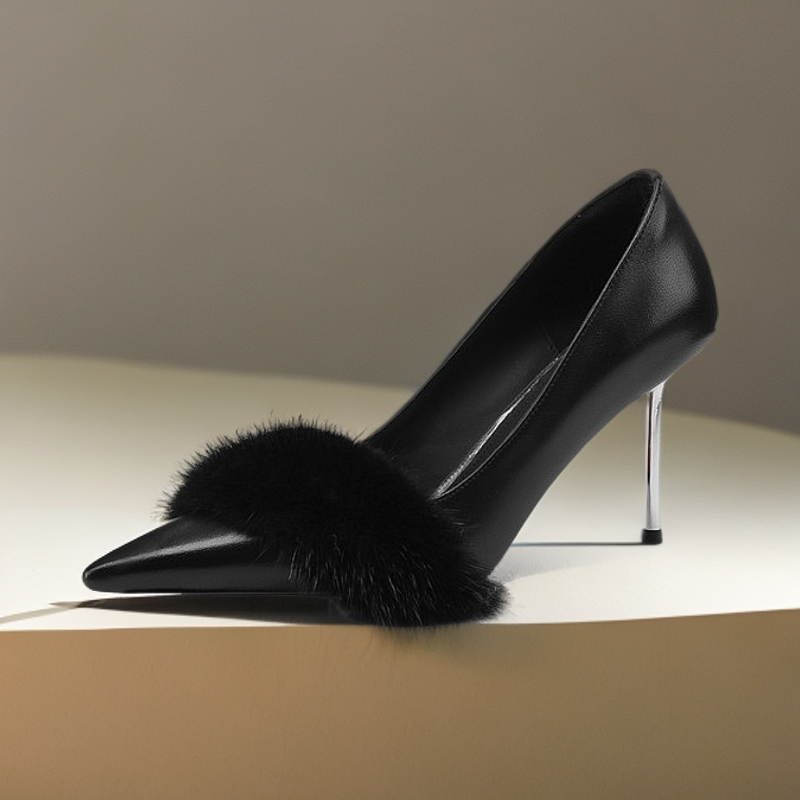 XFX【跟8.5CM】新款尖头高跟鞋法式名媛气质百搭毛绒细跟单鞋21