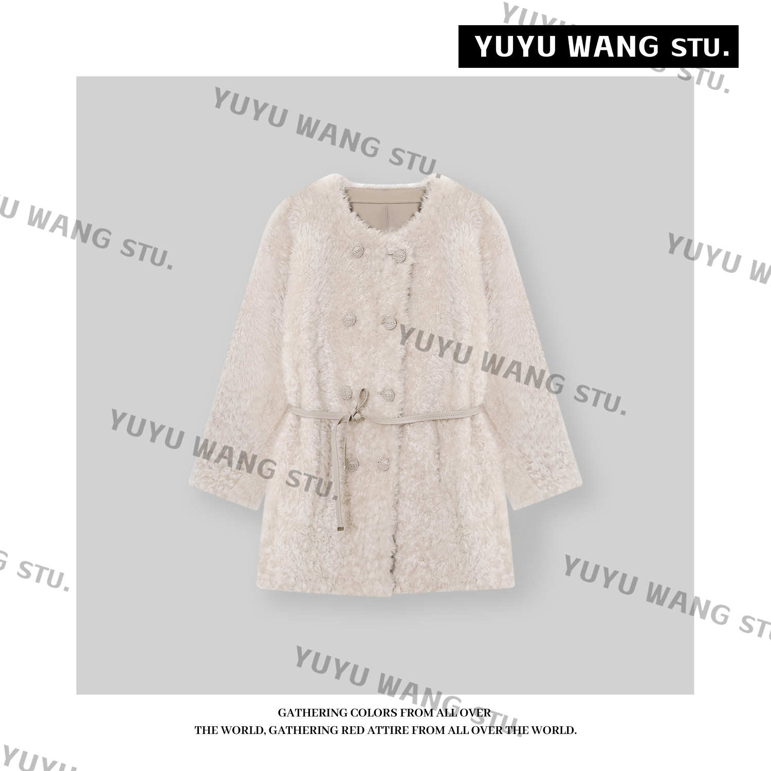 YUYU WANG【维斯】法国进口拉弥尓羊皮毛一体皮革中长款外套皮草