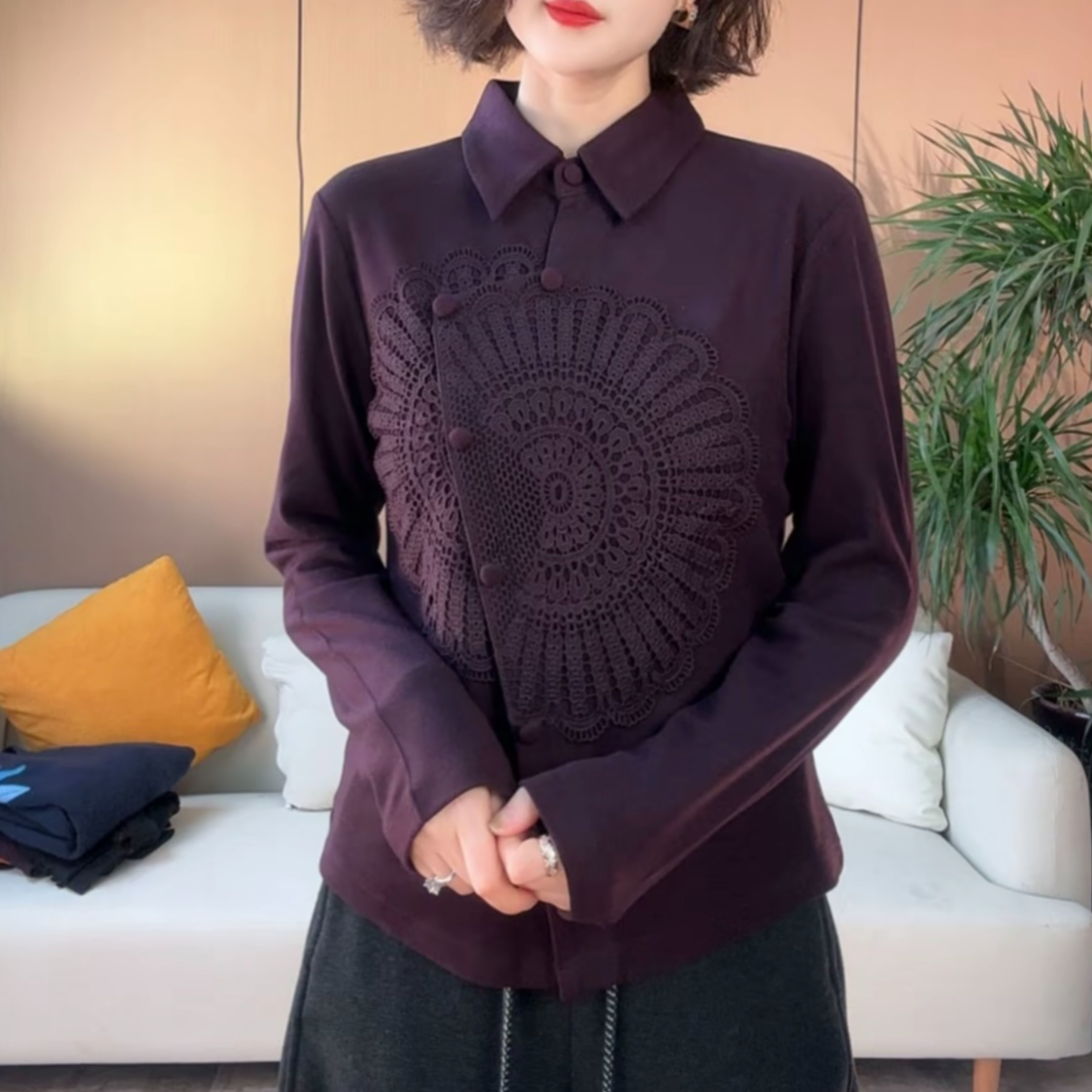 冬季新中式纽扣衬衣保暖双面加厚显瘦打底休闲女士上衣1201