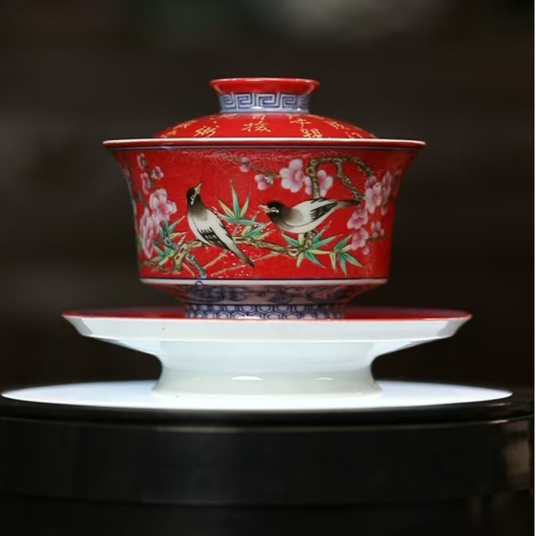 12.12/g2119/李祖华/扒花红色花鸟盖碗