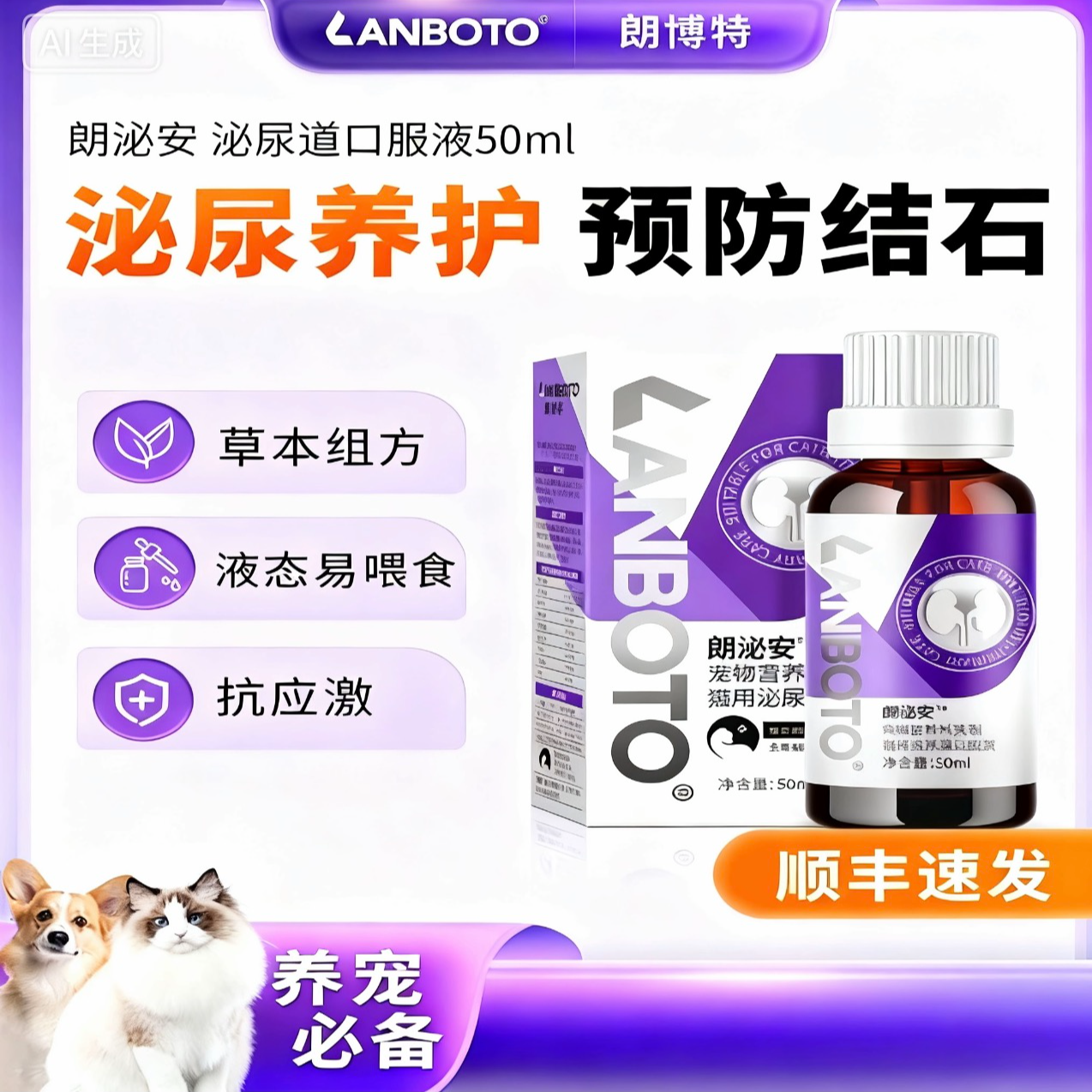 【朗博特】朗泌安猫咪利尿通猫尿血尿频少尿路感染泌尿营养口服液