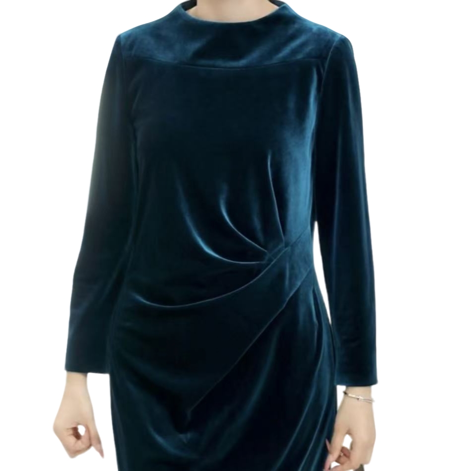 TENGS滕氏女装秋冬新款优雅通勤修身绿色丝绒连衣裙