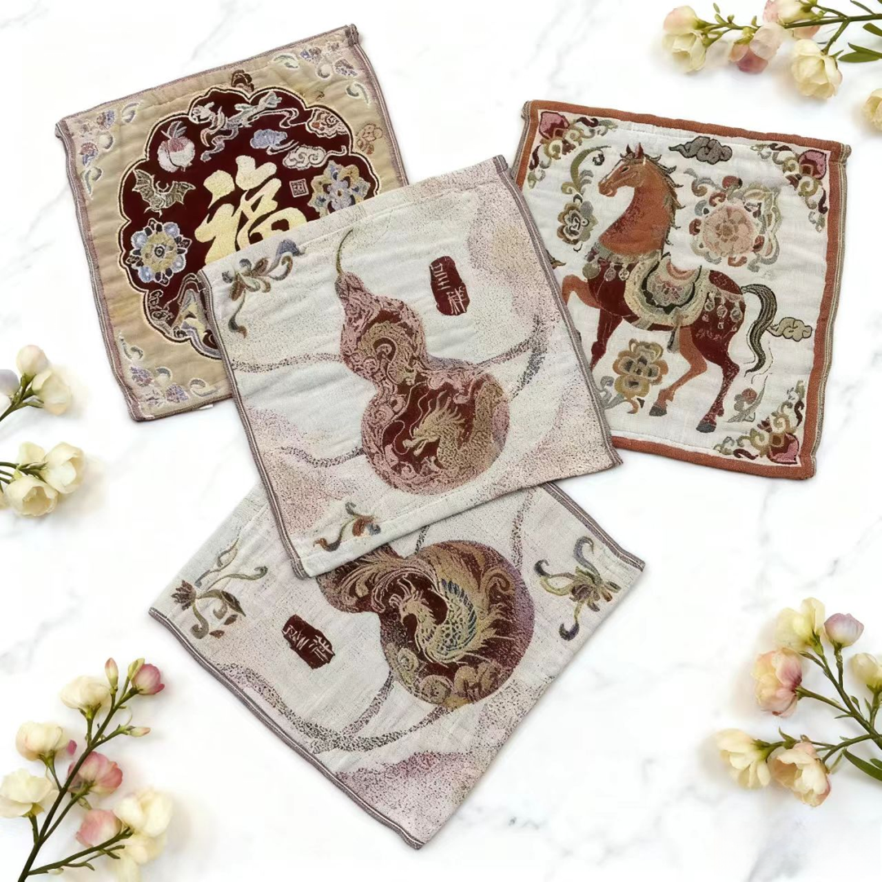 【4条装】龙凤呈祥-系列顶奢纱布方巾35*35cm