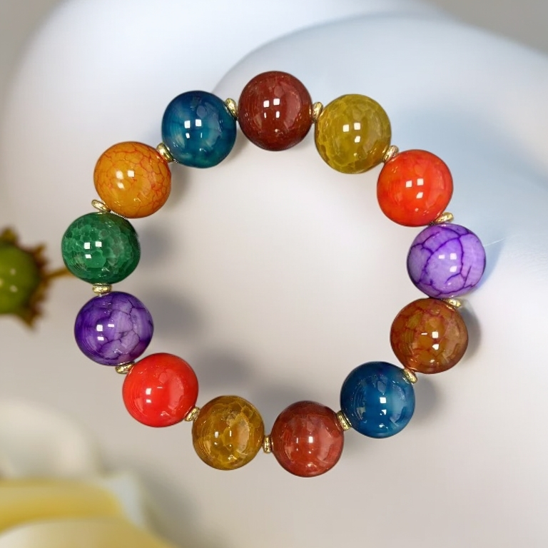 七色包浆老龙纹多宝玉手串14MM13颗百魔神珠轻奢玛瑙多样性发一件