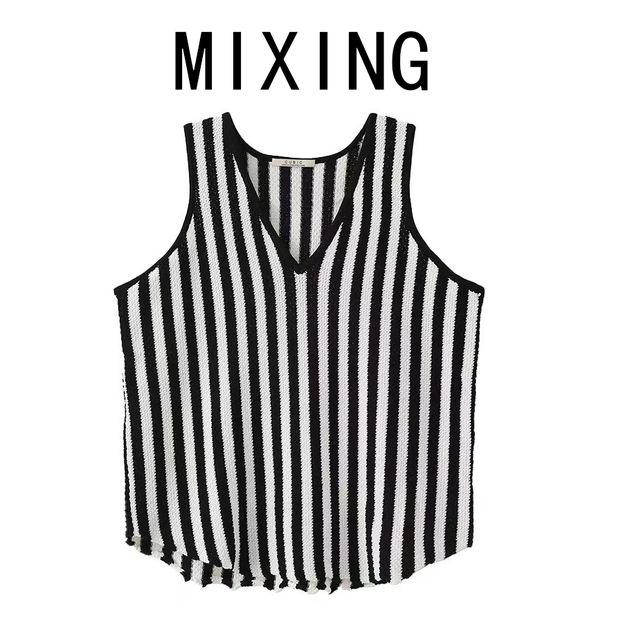 黑白条纹针织吊带背心夏季无袖V领宽松慵懒显瘦上衣外穿