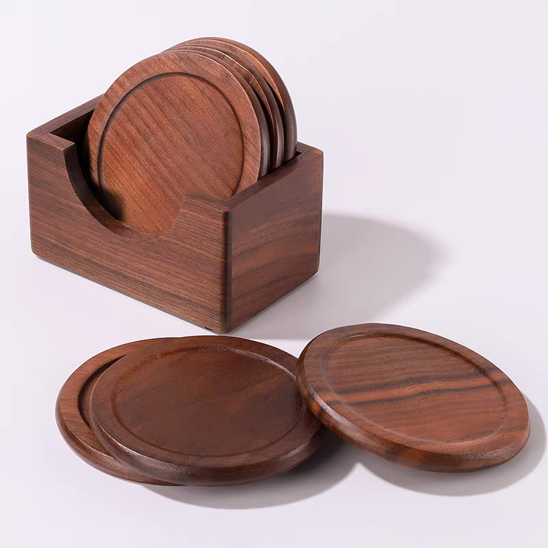 高档黑胡桃木圆杯垫轻奢茶具零配茶托杯托家用实木套组隔热垫茶垫
