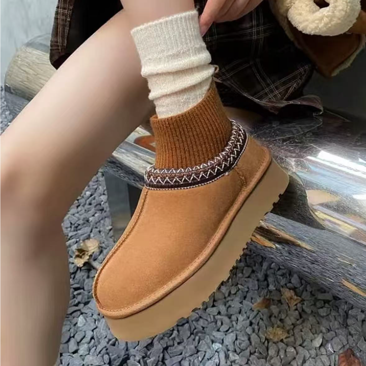 【袜口民族风】桑坡皮毛一体雪地靴2024新款袜套民族风时尚保暖