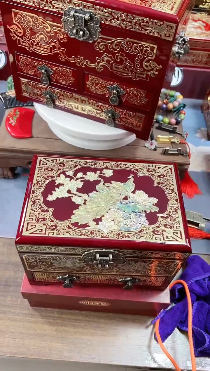 【闪购商品】21厘米新款三层单抽掐丝螺钿紫红孔雀