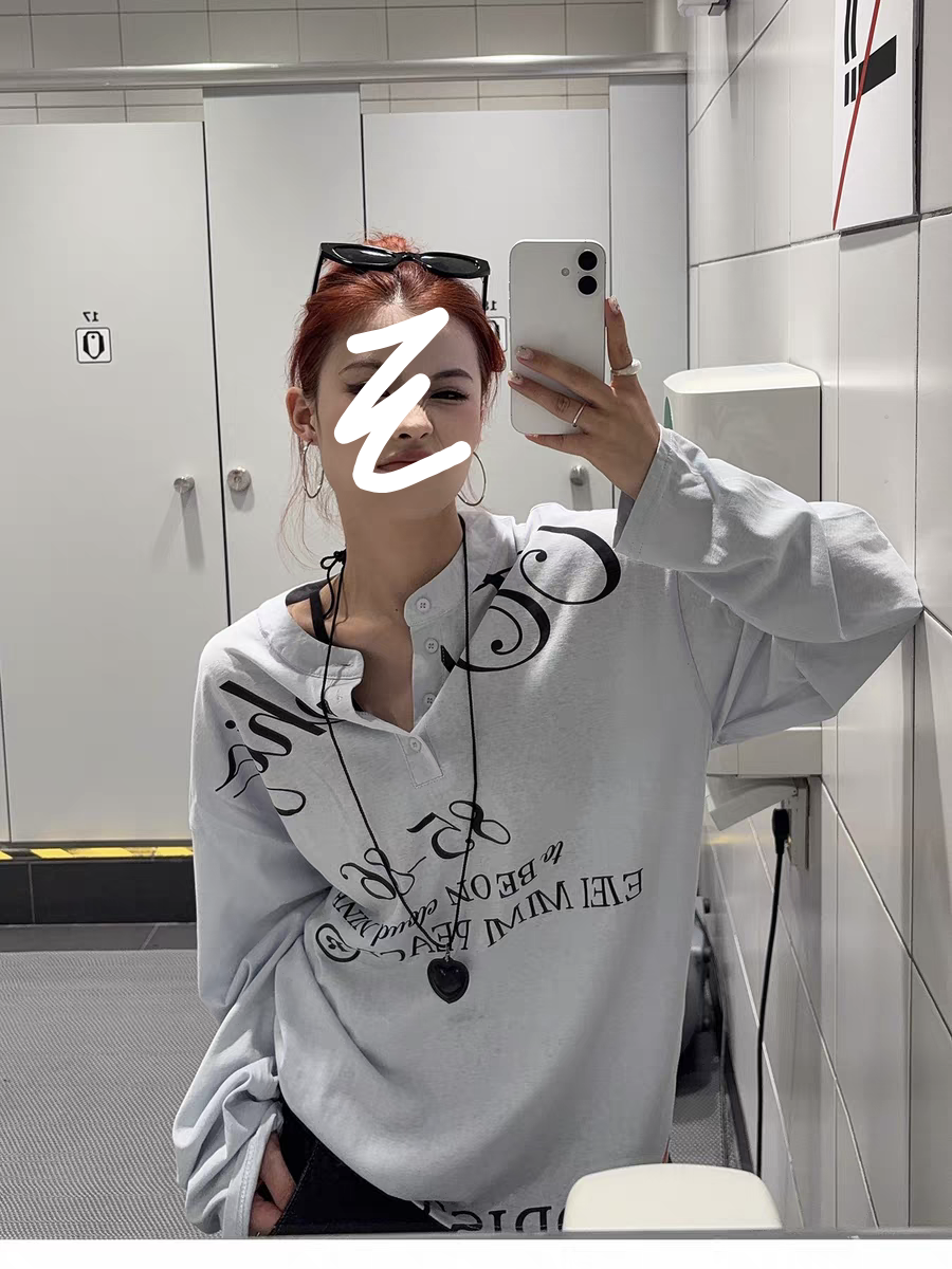 花生酱 半开领T恤女套头纽扣亨利领假日风早秋长袖慵懒风防晒ins