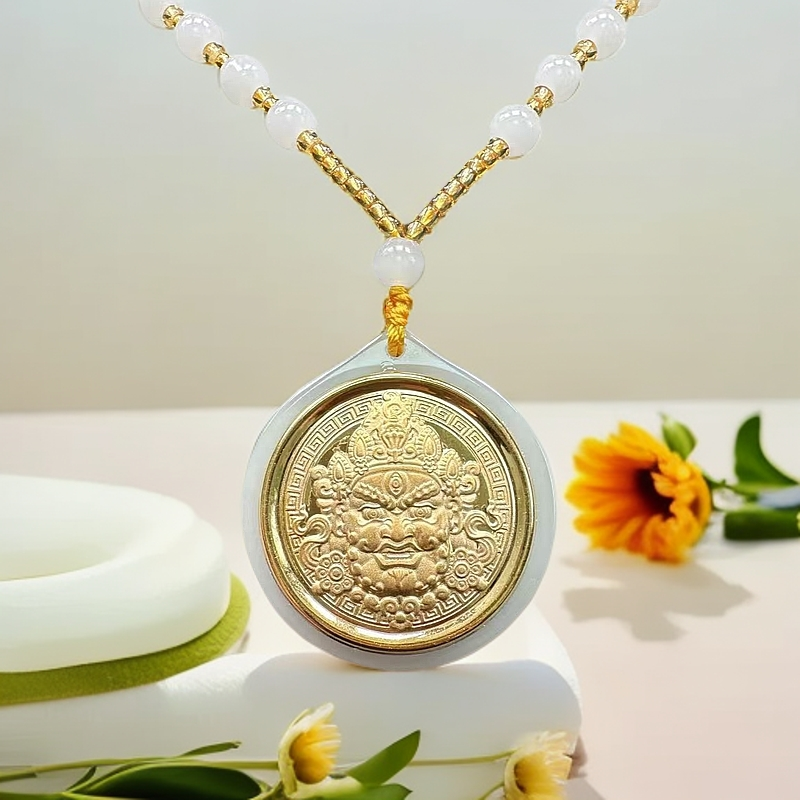 古法足金手工雕刻镶嵌和田玉黄财神坠链
