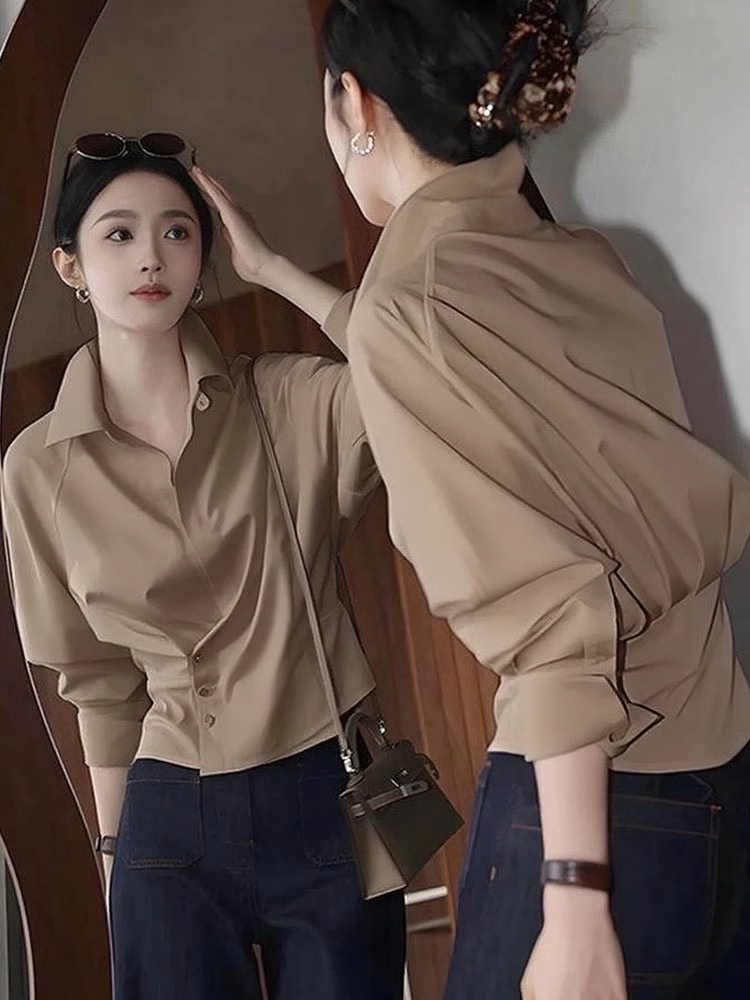法式高级感不规则褶皱长袖衬衫女秋季新款气质轻奢百搭通勤衬衣潮
