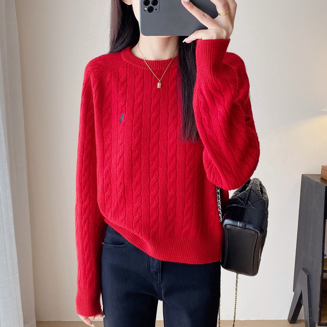 本命红色秋冬毛衣女宽松显瘦百搭战马刺绣长袖针织打底衫圆领上衣