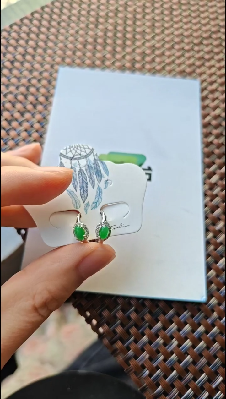 【闪购商品】翡翠耳饰银S925镶嵌翡翠耳饰S925银镶嵌