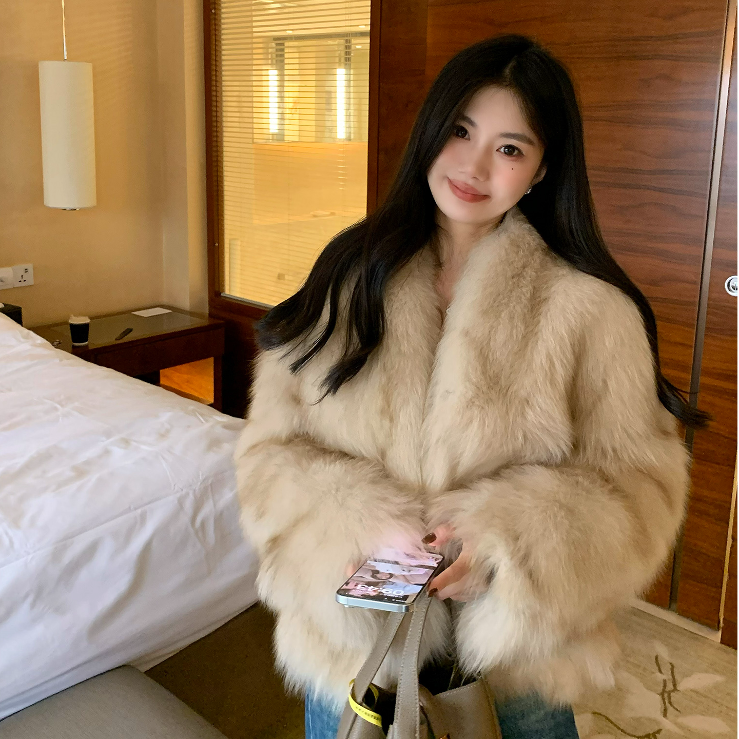 狐狸腹毛霜华印月皮草外套休闲时尚韩版外套中长款