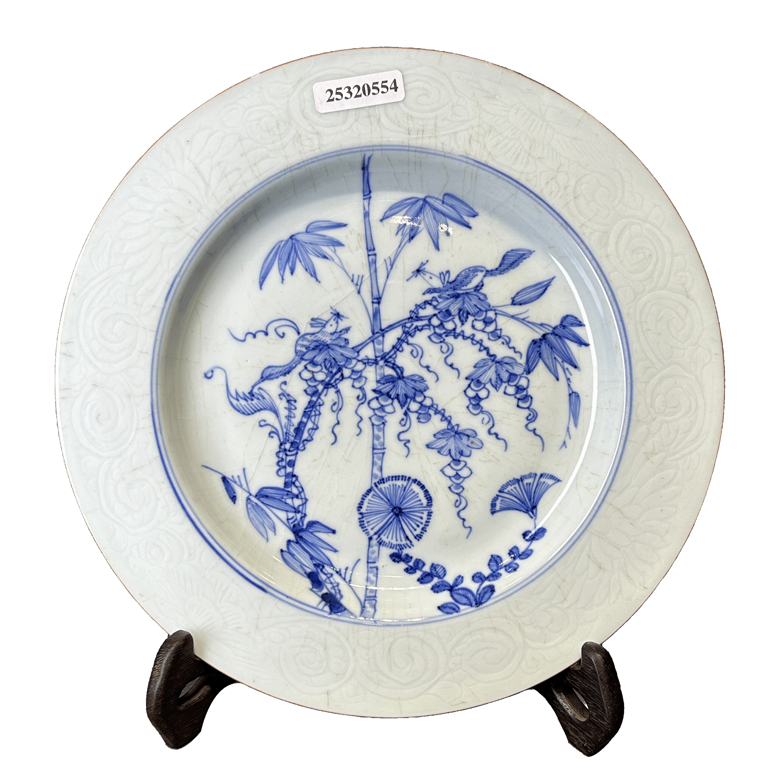 25320554x暗刻青花松鼠偷葡萄折沿盘