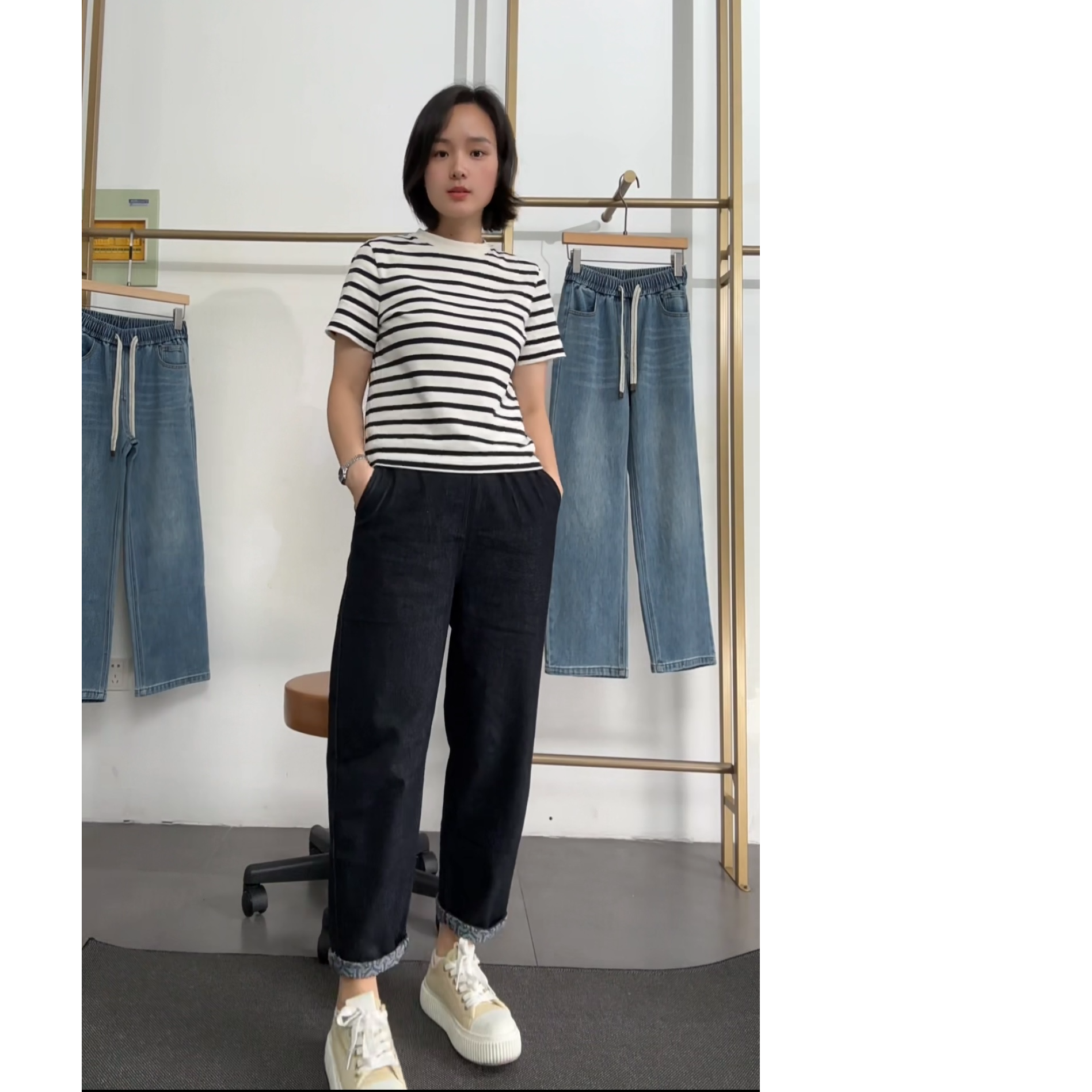 2206春秋松紧腰丹宁蓝色牛仔窄版休闲裤显瘦显百搭宽松九分裤长裤