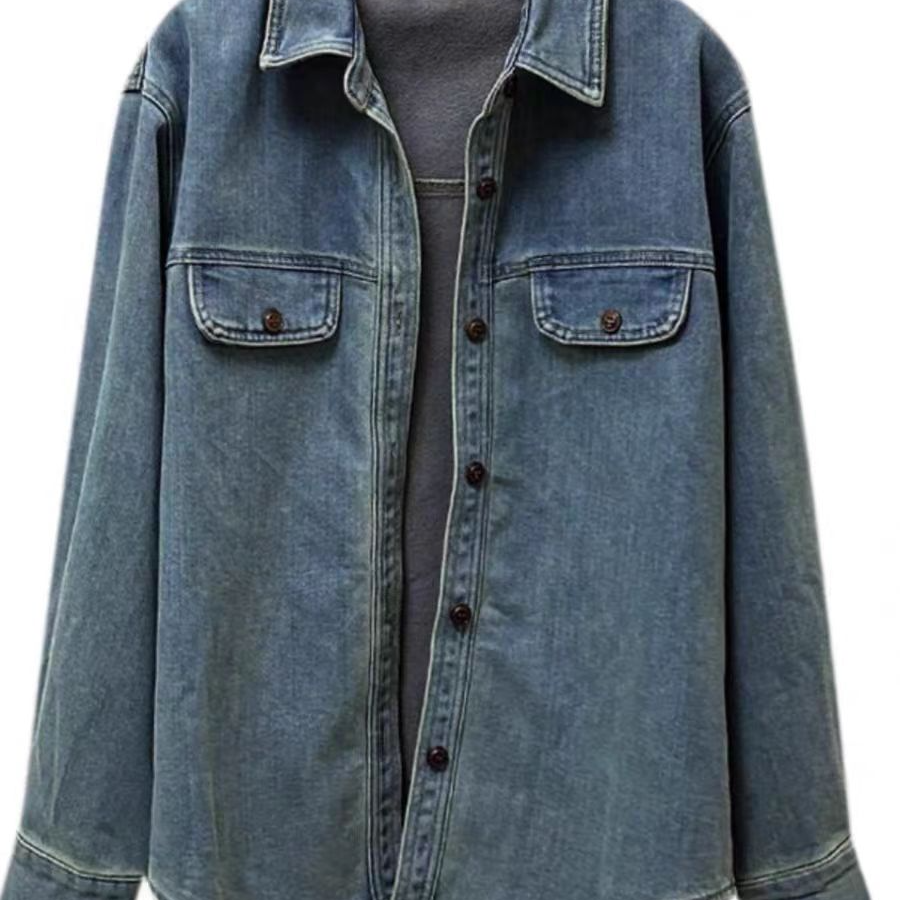 做旧加绒牛仔衬衫复古宽松翻领时尚