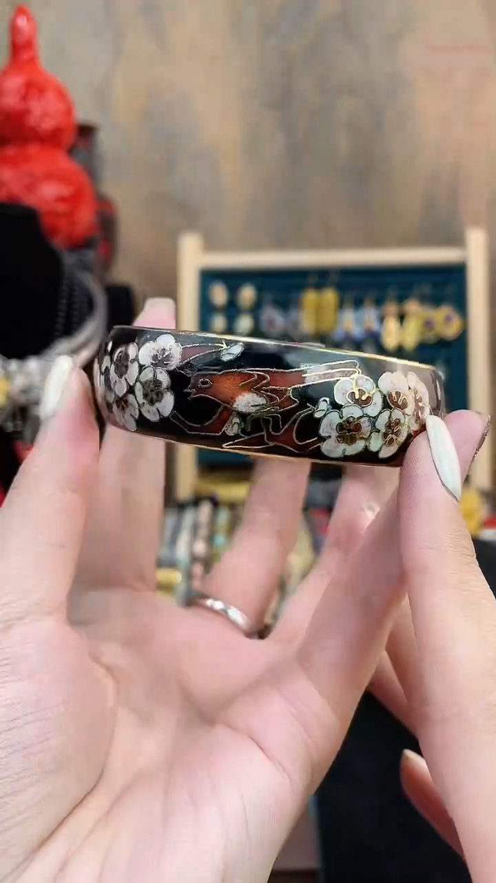 非遗手工景泰蓝开口银蓝镯子黑色