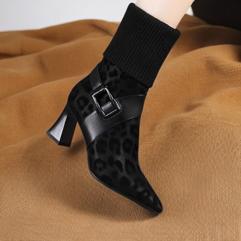 冬季高跟尖头短靴豹纹瘦瘦靴弹力靴秋冬新款英伦风粗跟时尚百搭靴