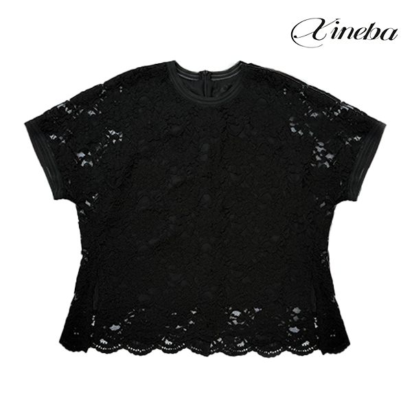 【xineba2】韩国黑色圆领重工蕾丝衫2025新款女士时尚洋气舒适