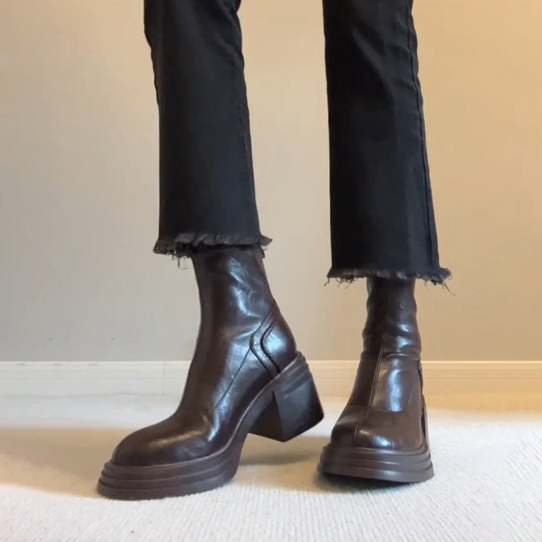 真皮复古显瘦厚底增高新款马丁靴女简约后拉链粗跟复古瘦瘦靴女