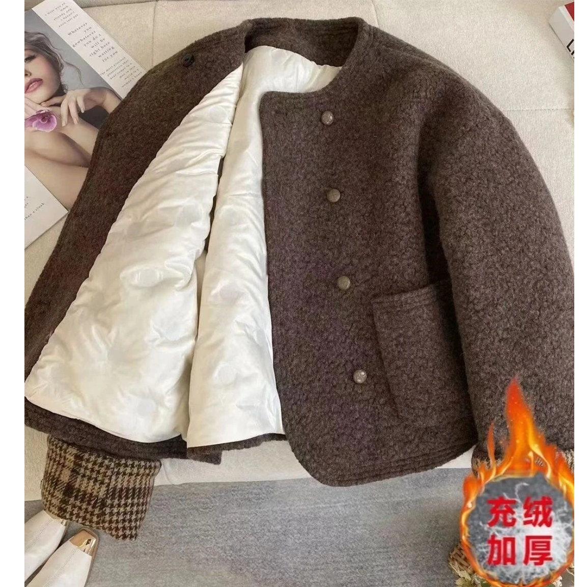 【当天发+运费险】充绒小香风外套咖色时尚保暖高级感双排扣款Q253