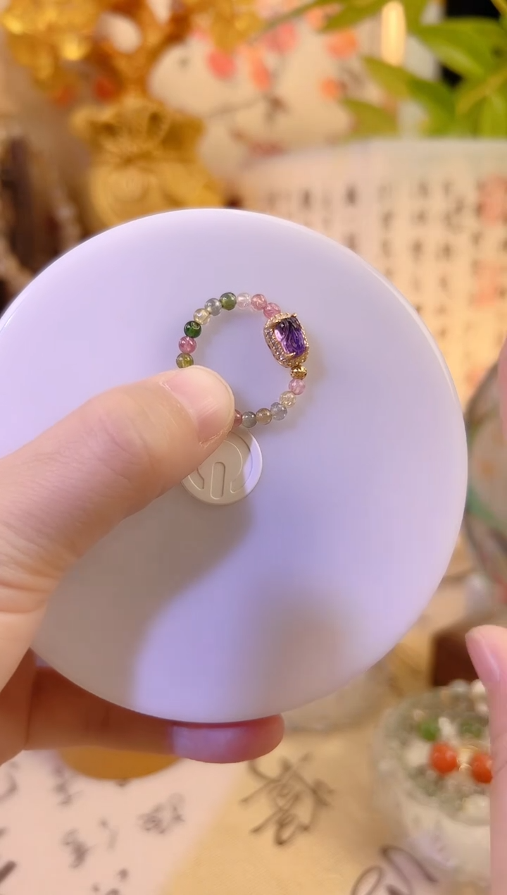 银S925镶嵌戒指碧玺碧玺紫水晶貔貅戒指