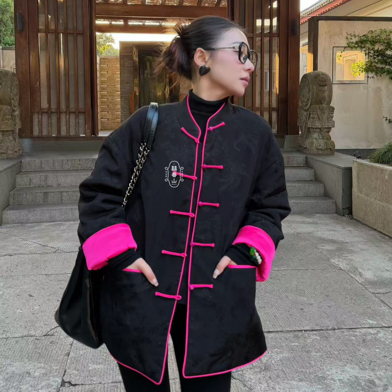 【囍番山】【玉石扣】花喜黑木檀•新中式撞色镶边民族风时尚加厚棉服 