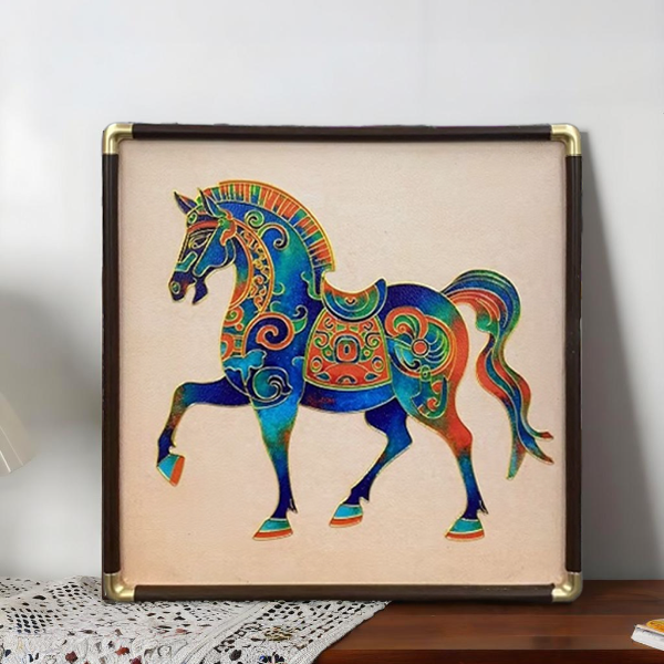 新中式马到成功寓意好景泰蓝皮革烫金客厅玄关桌面装饰摆画马3030