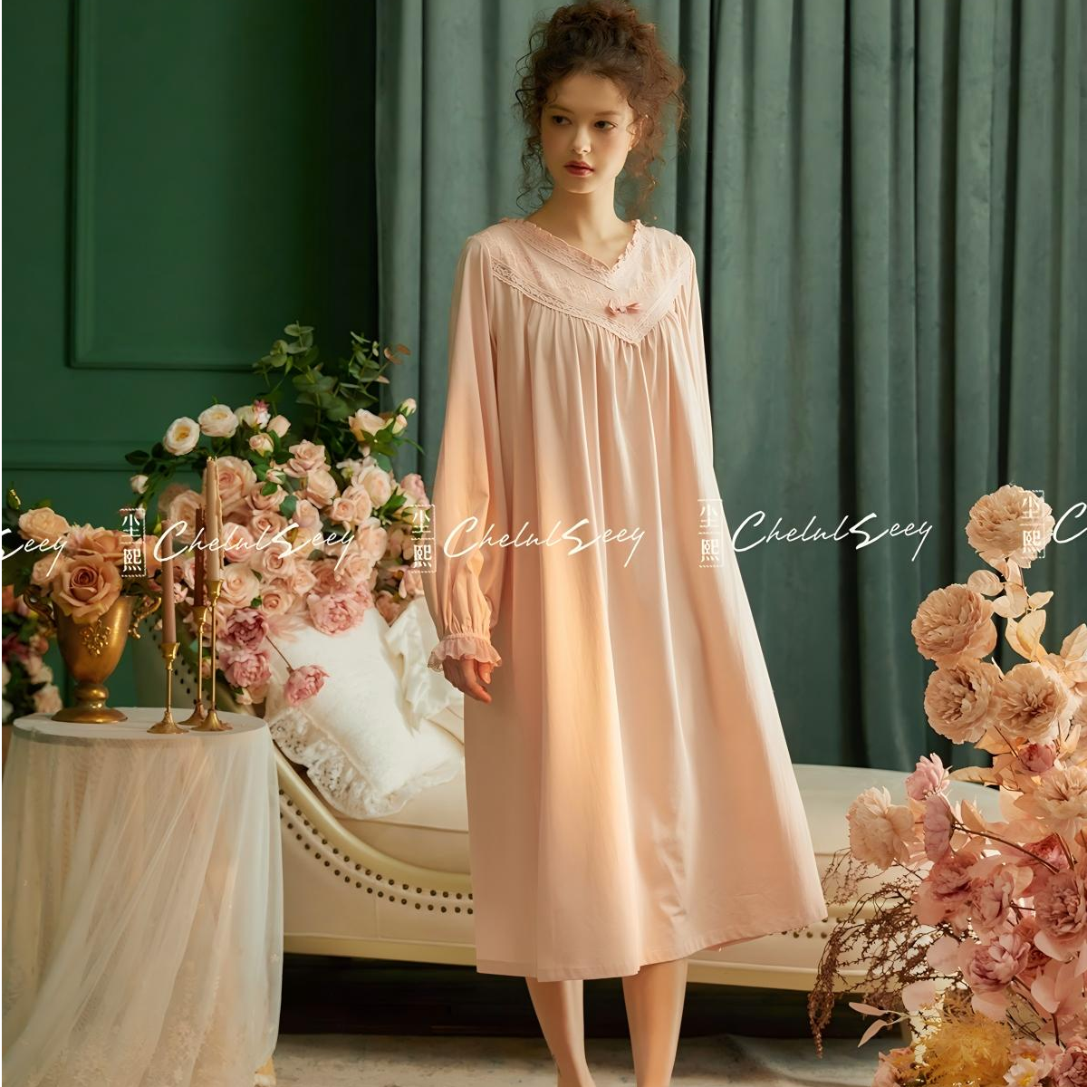 秋季长袖成人V领睡衣有弹性薄款常规款蕾丝大码甜美长款睡裙0152