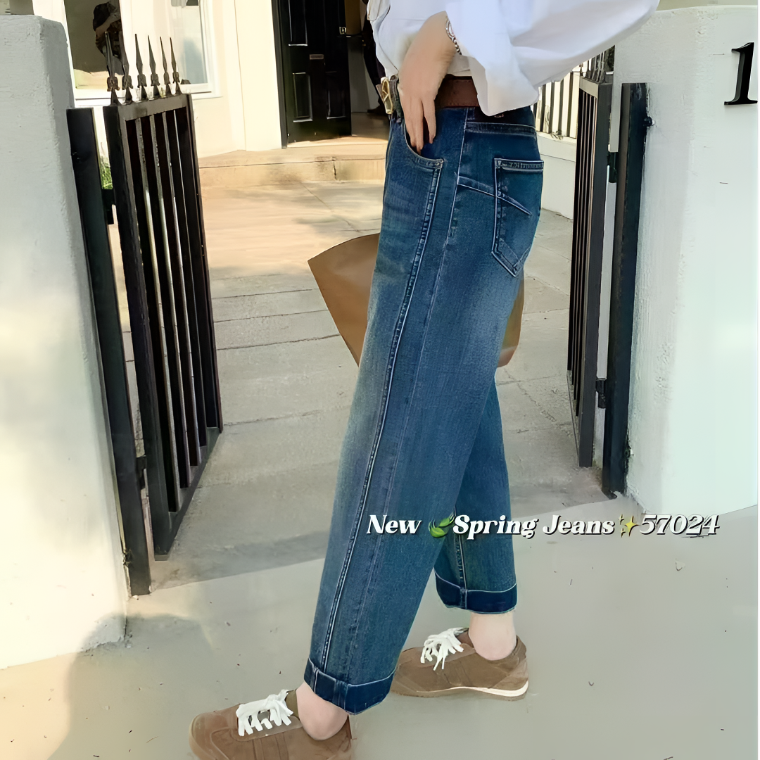 小芸姐春季女士时尚百搭蓝色高腰九分牛仔法棍裤