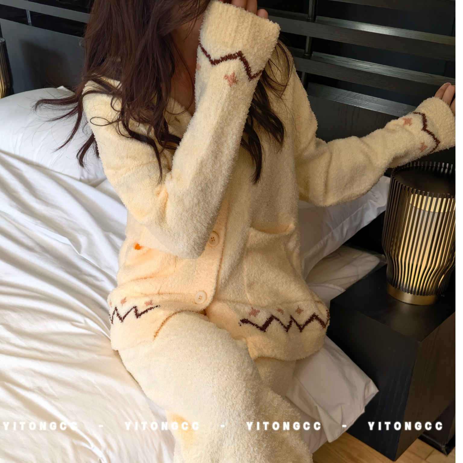 韩系甜美黄色小熊休闲睡衣套装保暖毛绒秋季女士家居服