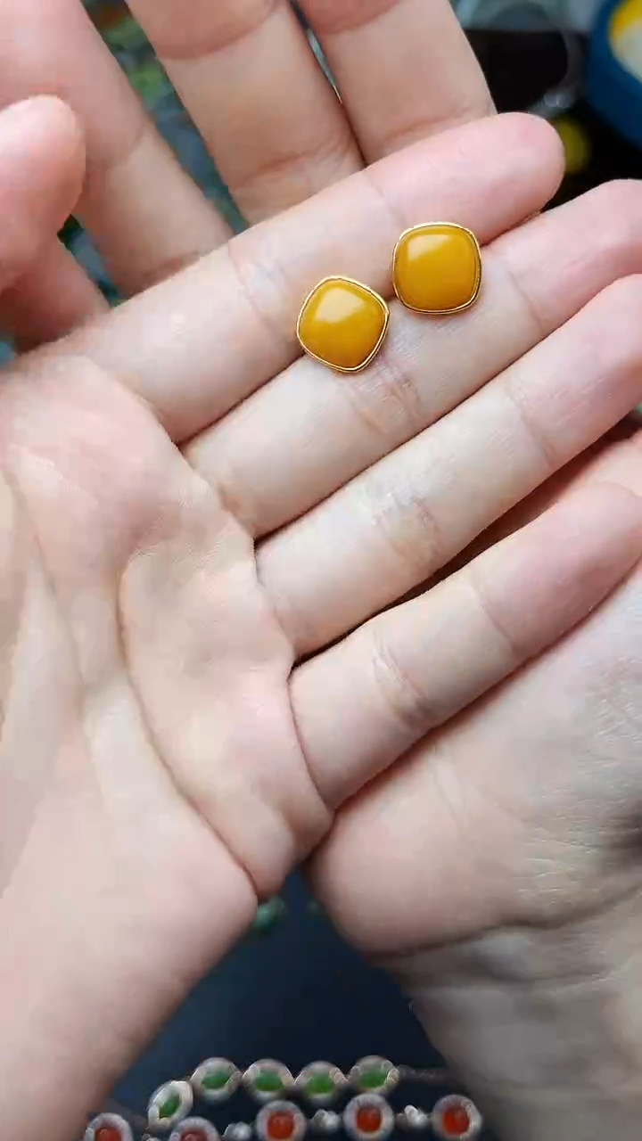 蜜蜡银S925镶嵌耳饰方糖06