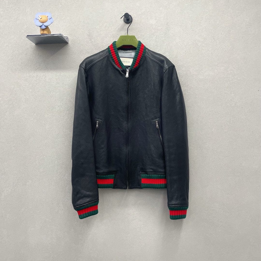 GUCCI/古驰红绿拼色复古真皮夹克/尺码46/99新