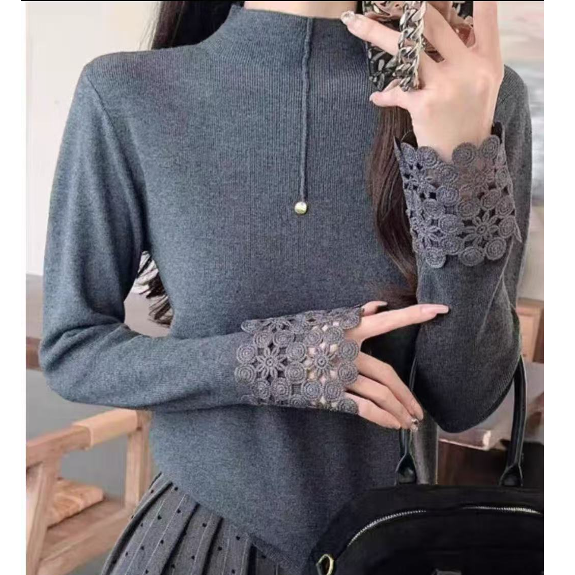 羊狨A3269灰拼花边袖圆牌T恤8827