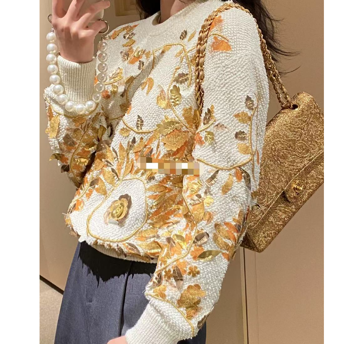 99新 Chanel/香奈儿 34码 米白色拼金色 树叶图案 长袖 毛衣