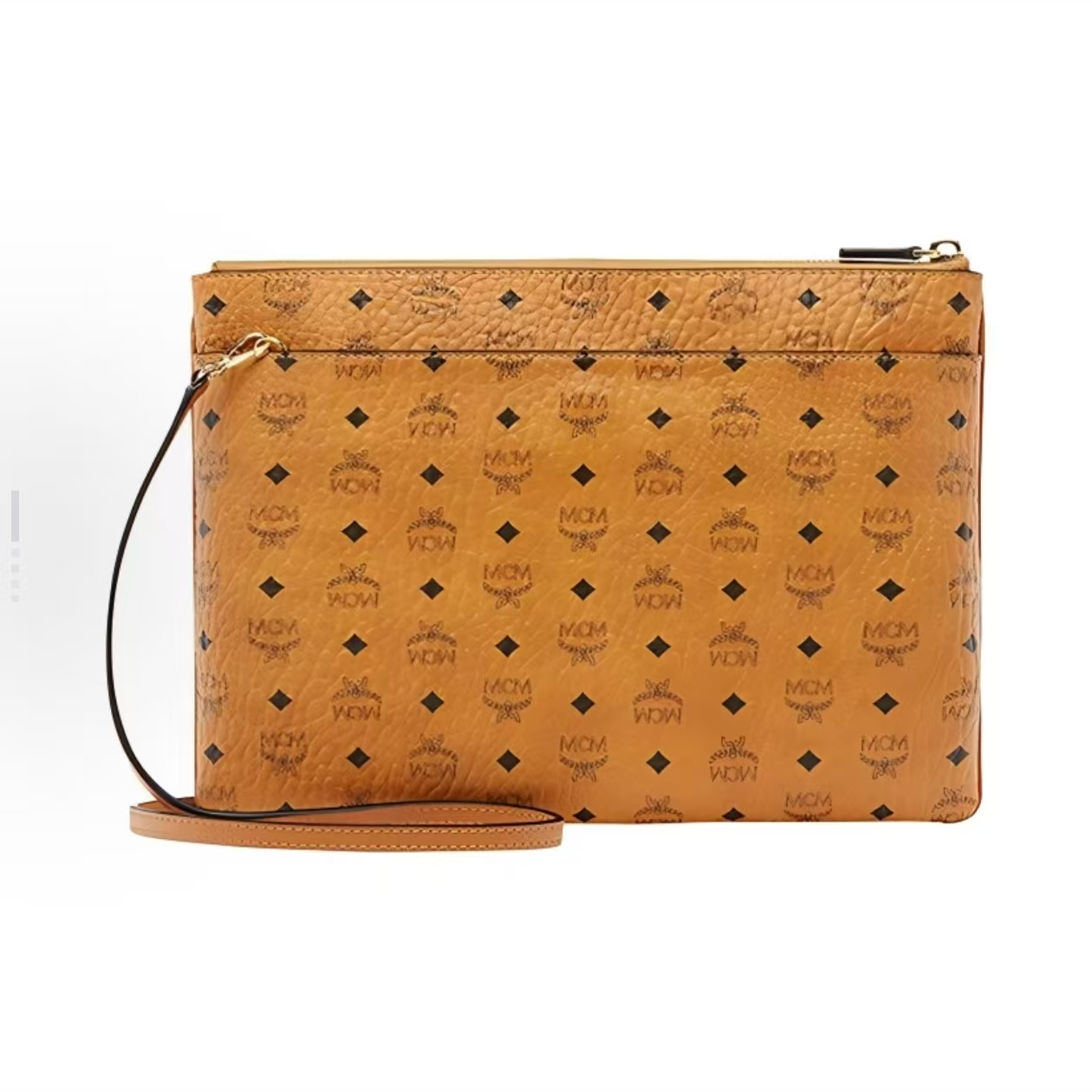 99新 MCM MCMVisetos Original老花满印涂层帆布手拿包中号干邑色