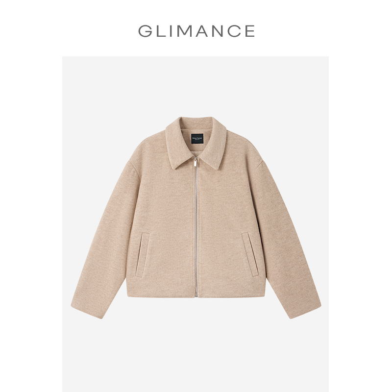 GLIMANCE（GLME）斜纹肌理翻领羊毛混纺夹克外套/短宽廓形/新贵老钱