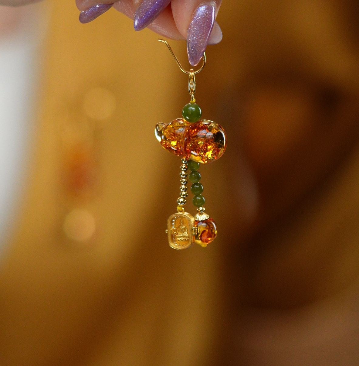 東芳珠宝-DIY花珀葫芦和田玉国风小滴溜吊坠配饰适合搭配古风