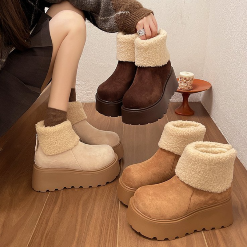 时尚雪地靴低跟厚底增高防滑圆头平底短筒时尚冬季女鞋保暖勃肯鞋