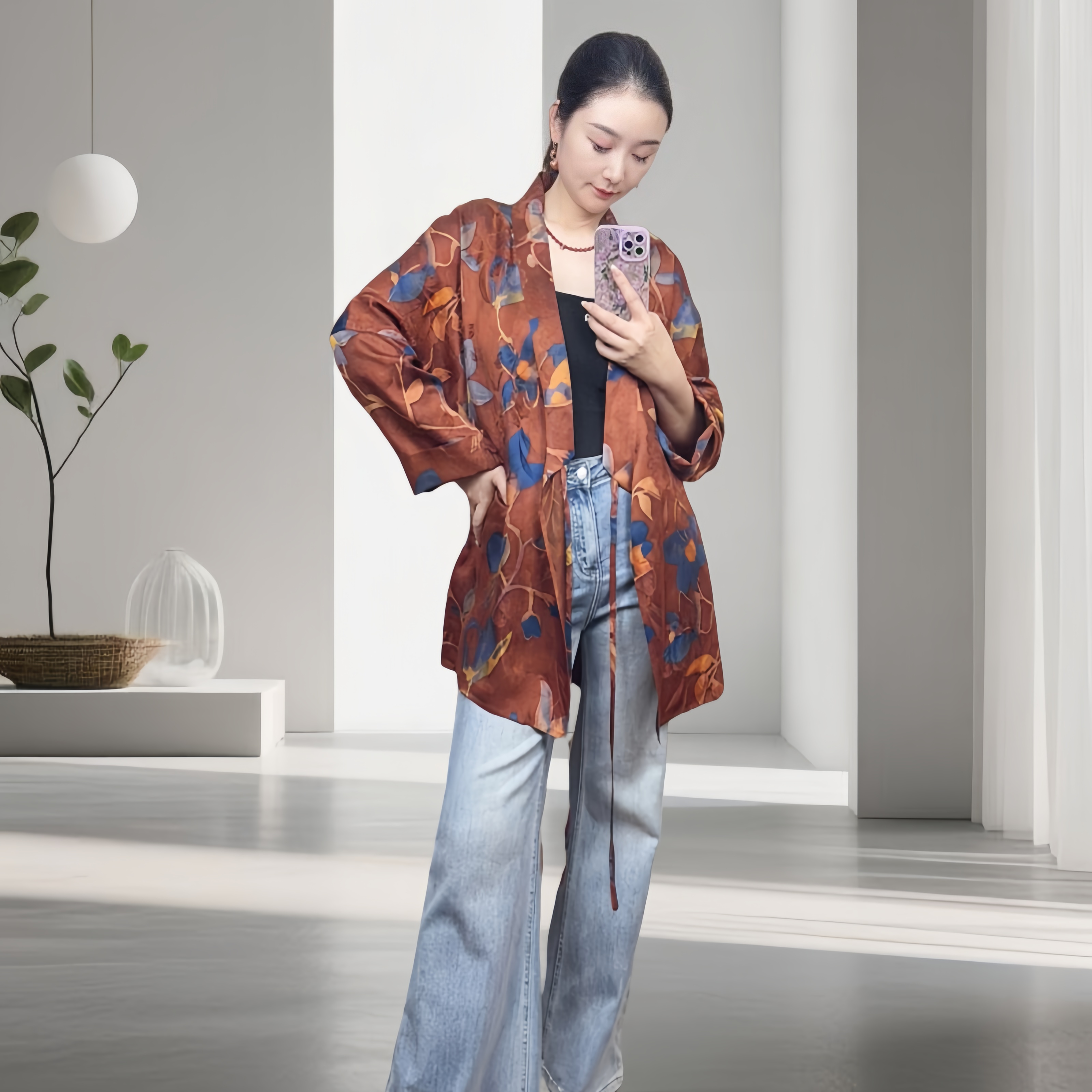 香云纱道袍上衣100桑蚕丝宽松长袖袍子刘诗诗同款新中式气质外套