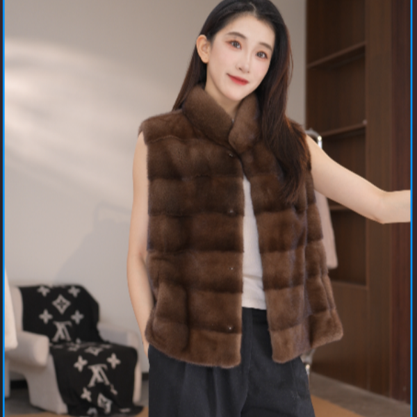 【丹妮】2025新款进口小母貂时尚气质立领横排马甲2509