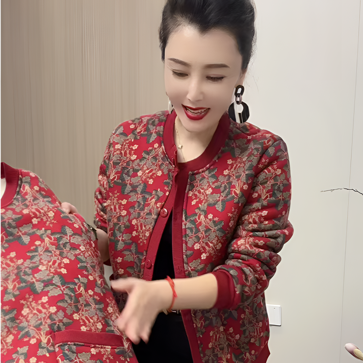 秋冬新款加绒开衫中老年碎花加厚宽松印花保暖加绒外套百搭女妈妈