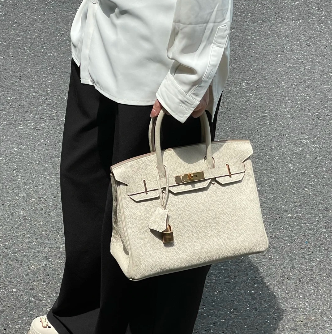 99新 Hermes/爱马仕 小花JerryBirkin 30 奶油白 Z刻 金扣包