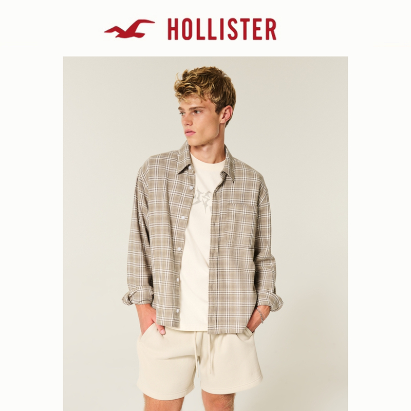 Hollister25秋季新款美式法兰绒宽松格子长袖衬衫男装325-5197