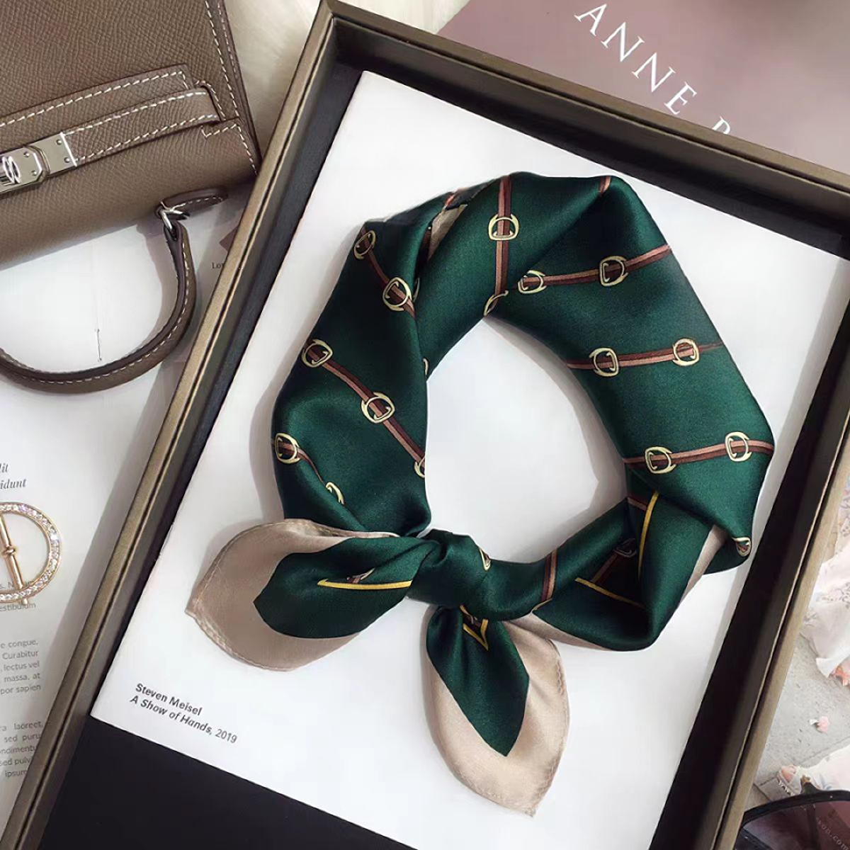 桑蚕丝单面链条锁链53方丝巾气质洋气百搭优雅法式小方巾百搭