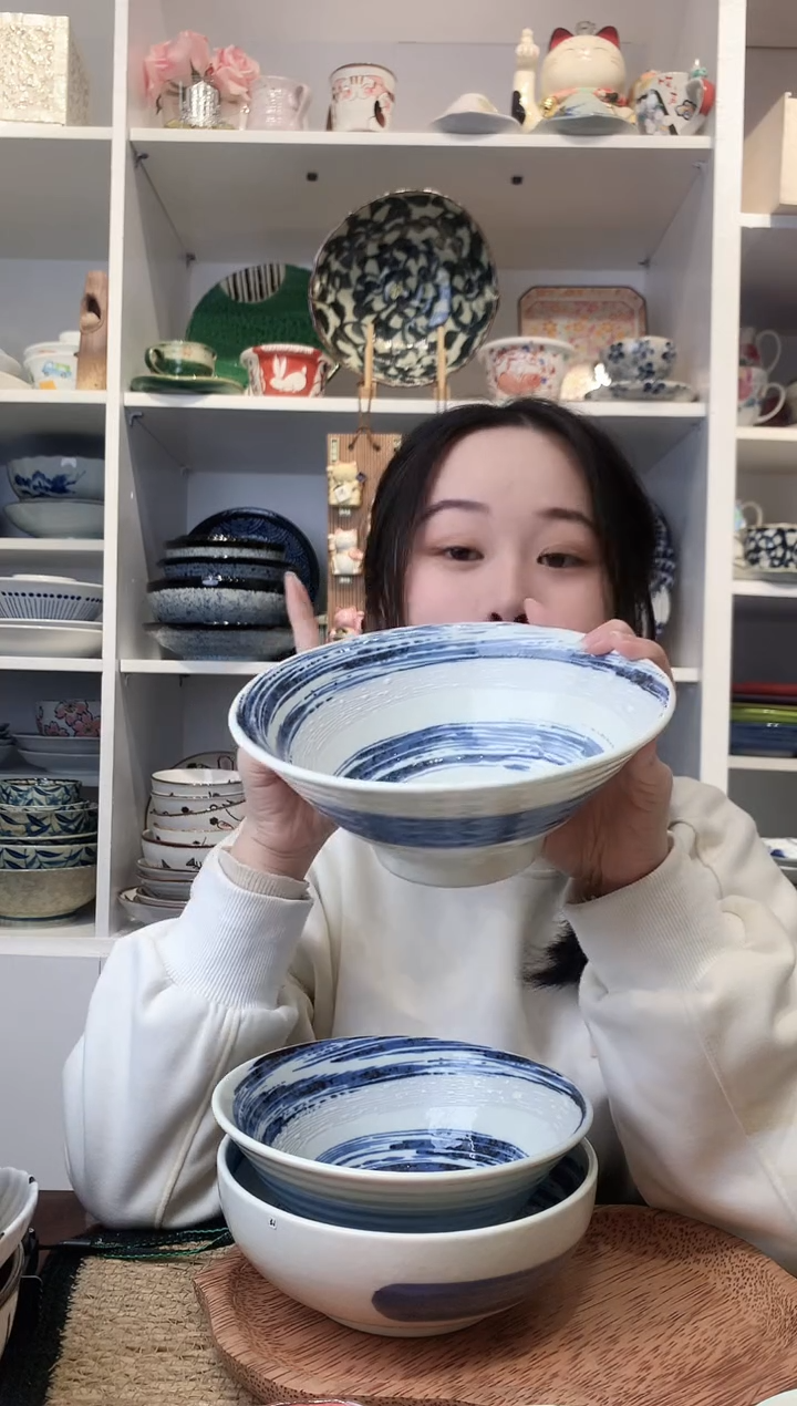 陶瓷美浓烧风吹清流大斗笠面碗19.5cm